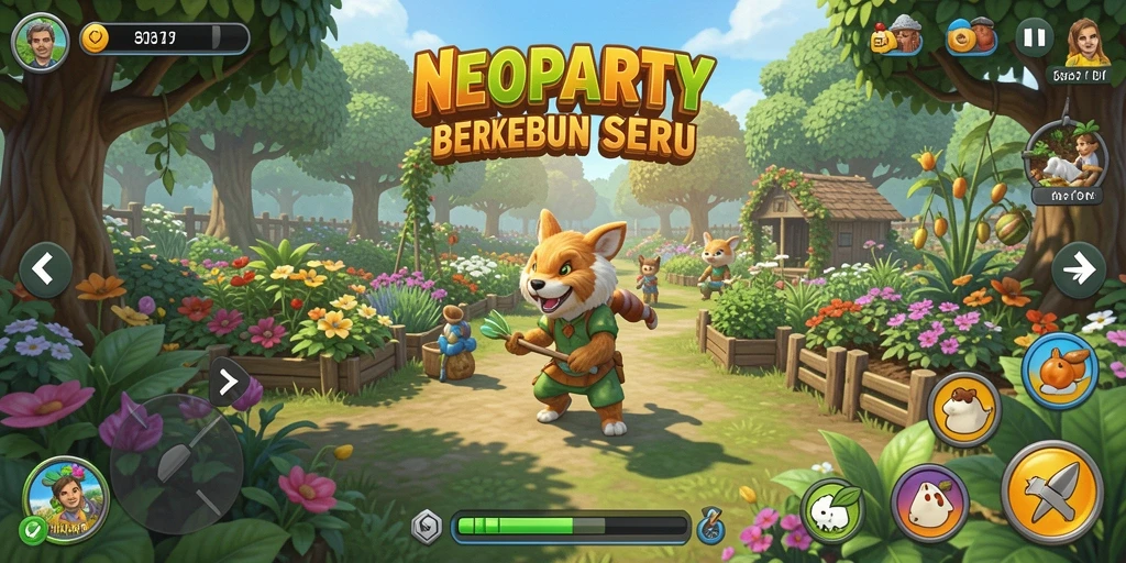 Screenshot permainan NEOPARTY menampilkan kebun yang subur dan penuh warna.