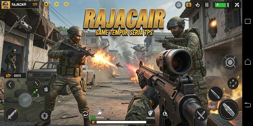 Tampilan menegangkan gameplay RAJACAIR dalam pertempuran TPS.