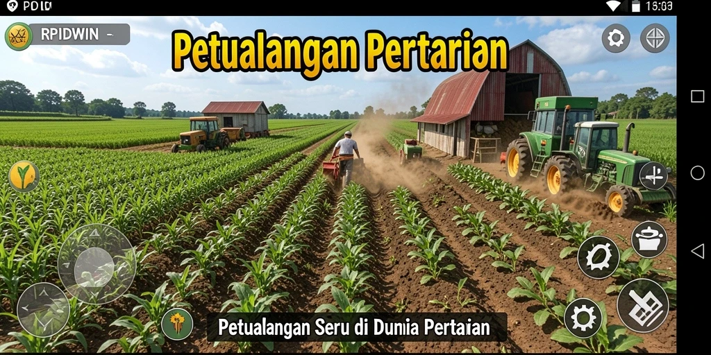 Tampilan gameplay RPIDWIN menampilkan ladang subur dan hewan ternak.