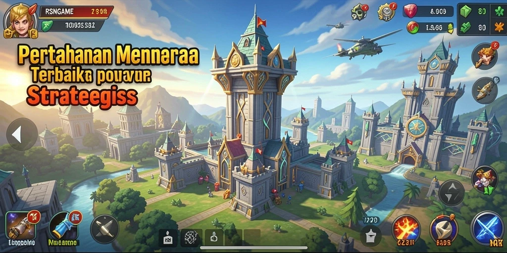 Tampilan gameplay RSNGAME dengan menara dan serangan musuh.